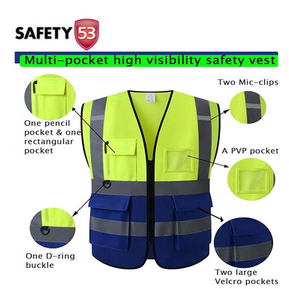High Visibility Red Safety Vest with Multi Functional Pockets and Zipper