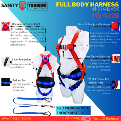 Thunder HS-5226 Full Body Safety Harness with 3D Rings